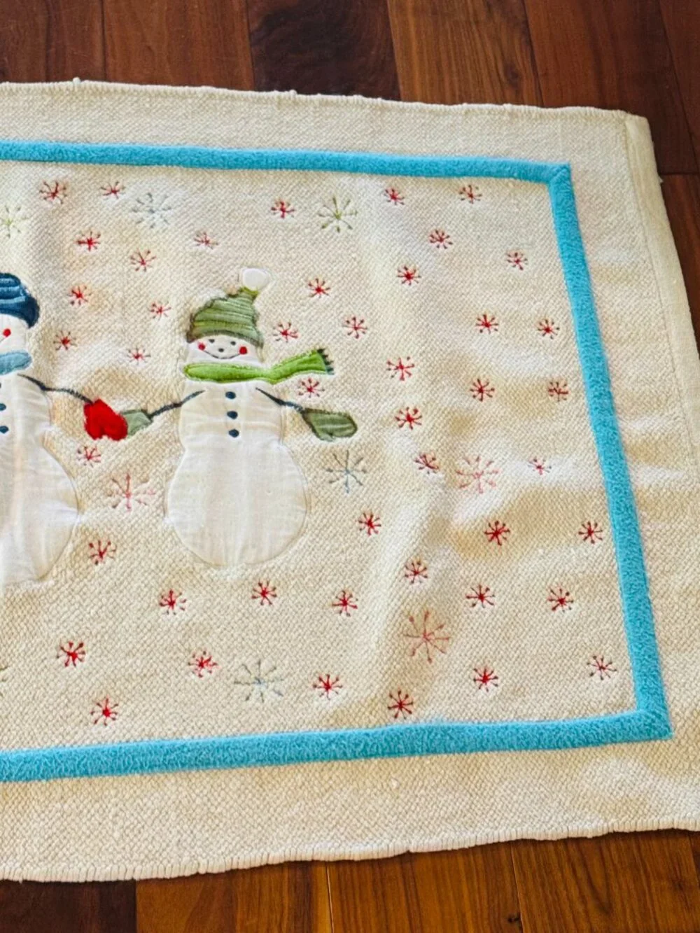 Christmas Bath Mat Embroidery Snowman Cotton Holiday Decor Wish for Joy India